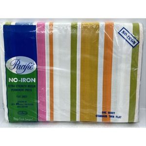 Vintage TWIN FLAT Sheet PACIFIC Striped MCM No-Iron Muslin Extra Strength USA